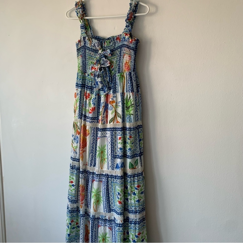 Farm Rio Tropical Tiles Cotton Square Neck Smocked Tiered A Line Maxi Dress - Picture 5 of 12